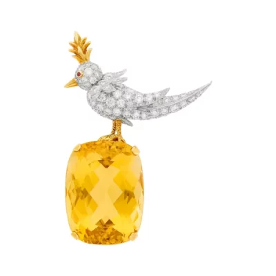 Tiffany Co. Schlumberger Platinum Gold Diamond and Citrine Bird on a Rock Brooch 1024x1024 1 e1723636234976